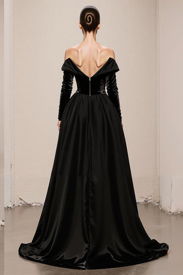 Off the Shoulder A-Line Black Velvet Long Military Ball Dresses with Slit